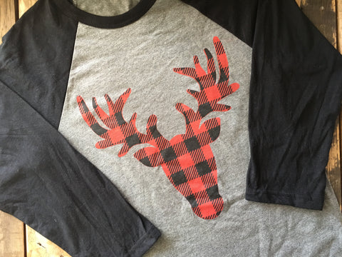 Buffalo Plaid Deer Black Gray Adult Raglan T-shirt