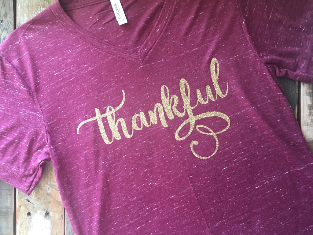 Thankful Marbled Maroon Short Sleeved V-Neck T-Shirt