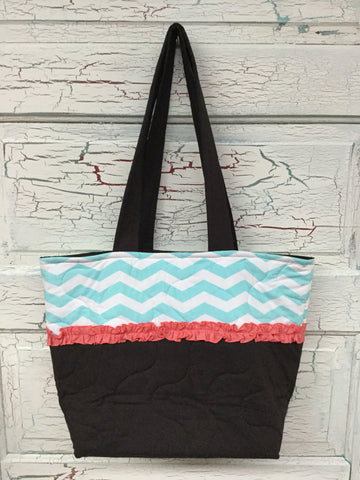 Aqua and White Chevron XL Bag